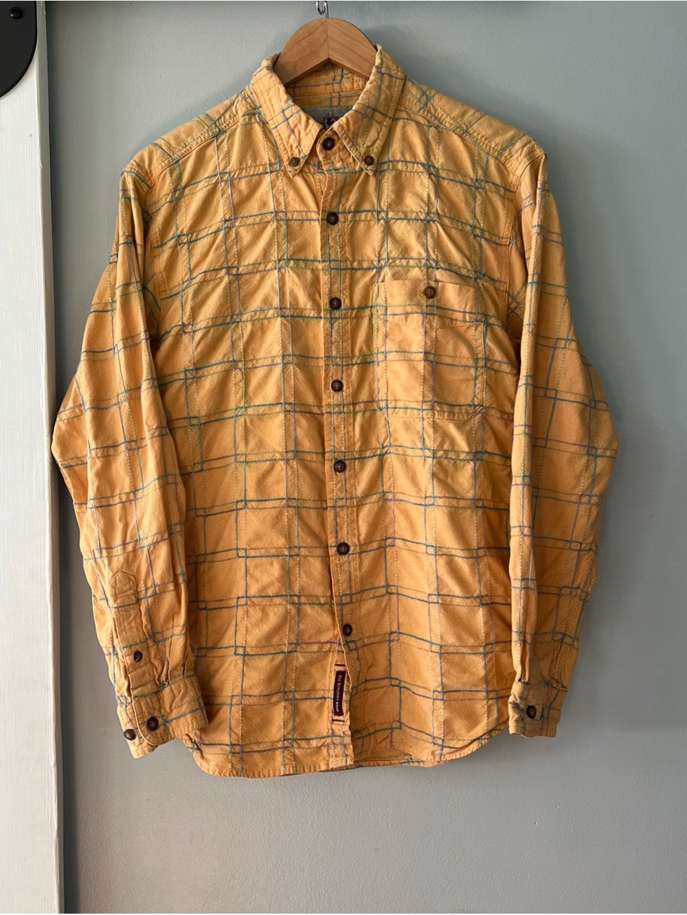 VTG The Territory Ahead Men’s M Button Down Textured Shirt Yellow Plaid Hippie